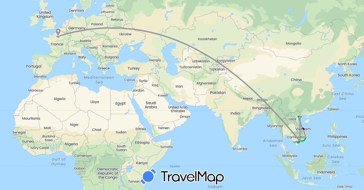 TravelMap itinerary: driving, bus, plane in France, Vietnam (Asia, Europe)